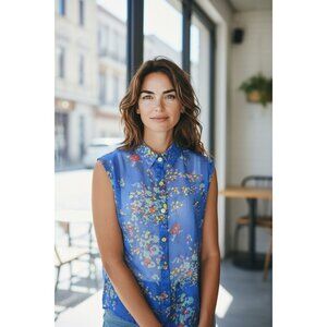 NEW Floral Button-Up Sleeveless Blue Blouse LAPIS Womens M Blue Sheer Button